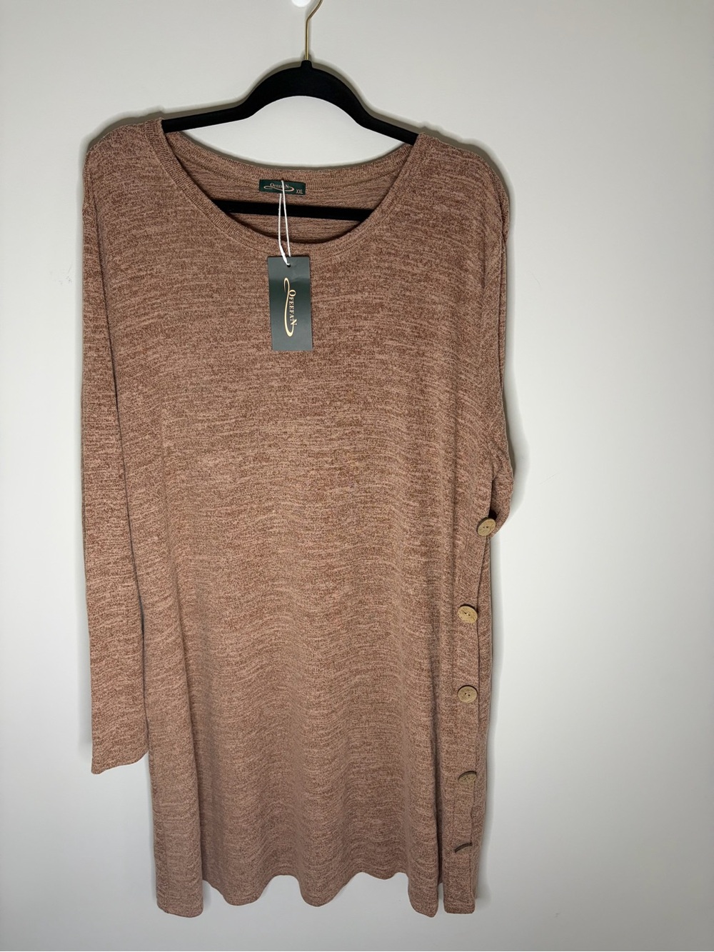 Scoop Neck Button-Side Long Sleeve Lightweight Dress in Tan XXL